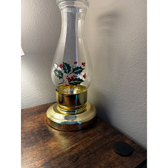 Vintage Brass Hurricane Candle Lamp + 2 Holiday Glass Shades Christmas Decor - Picture 1 of 14